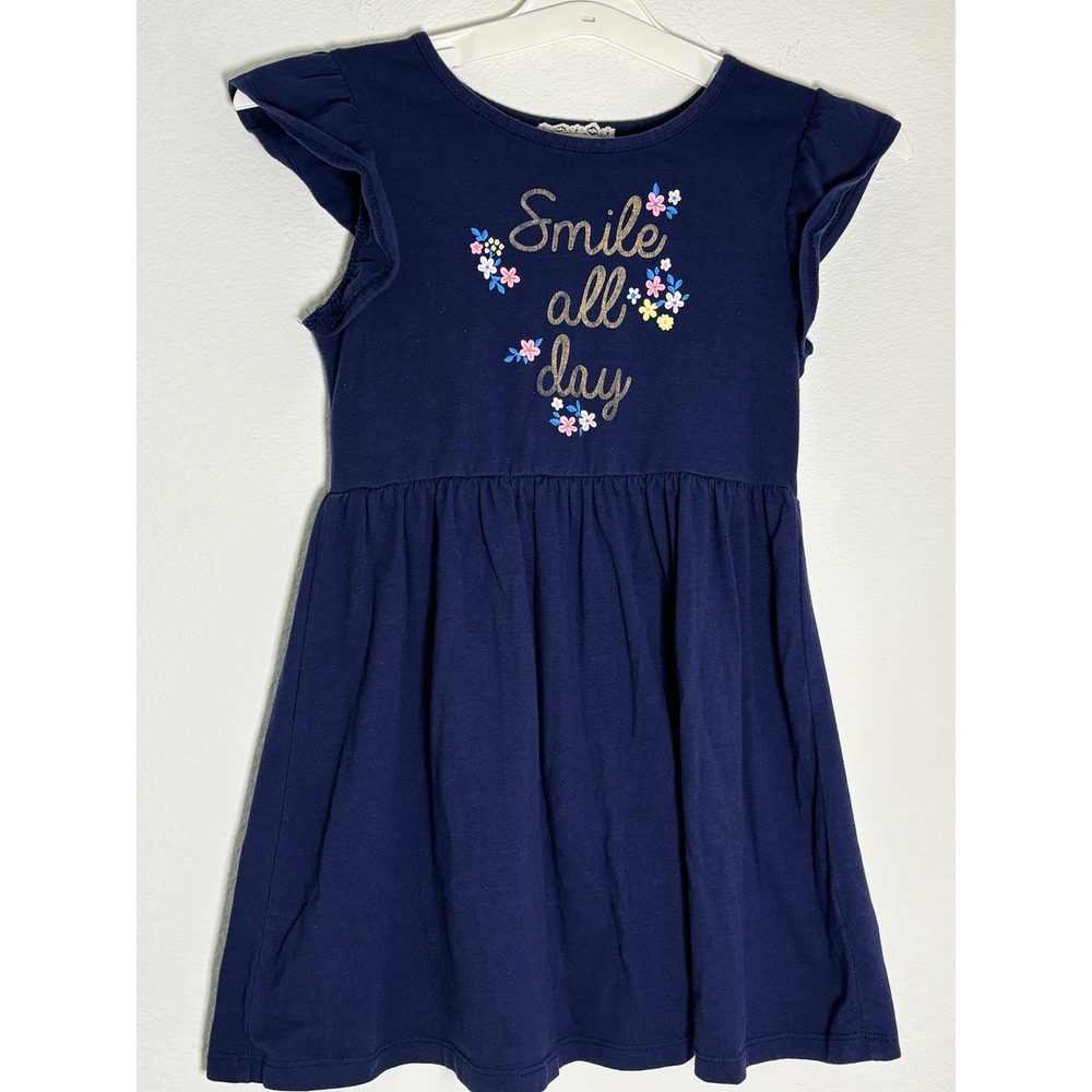Btween Girls Navy Blue Flutter‎ Sleeve Smile All Day Graphic Dress Size 7/8